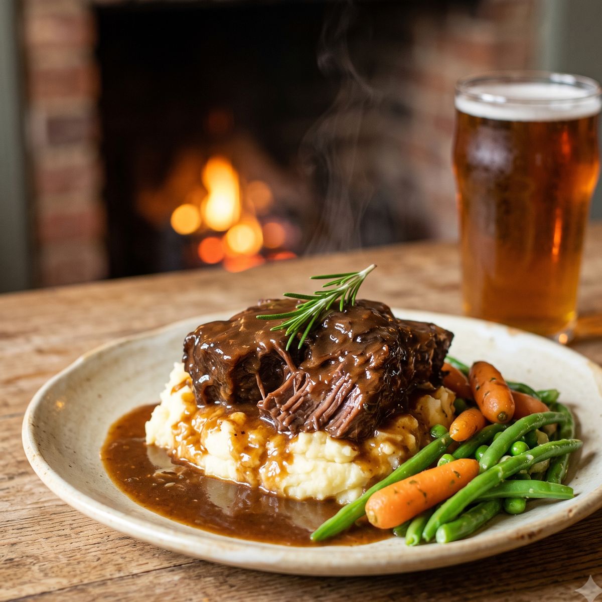 Slow-braised beef brisket on creamy mash with baby carrots and greens, by the fire